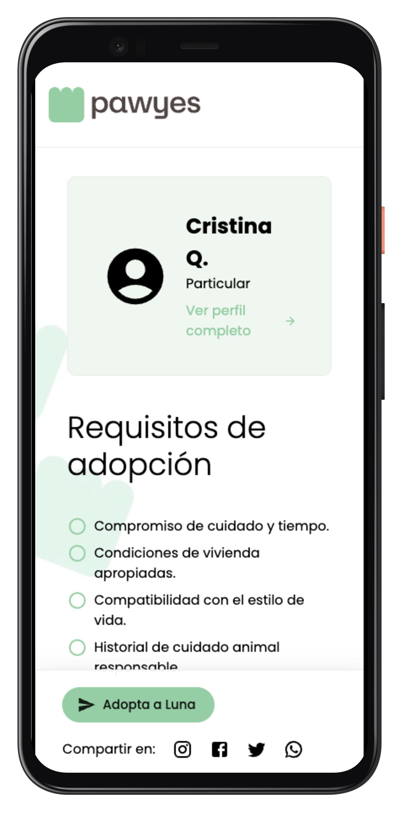 Pawyes Adopt Móvil - Detalle, Requisitos